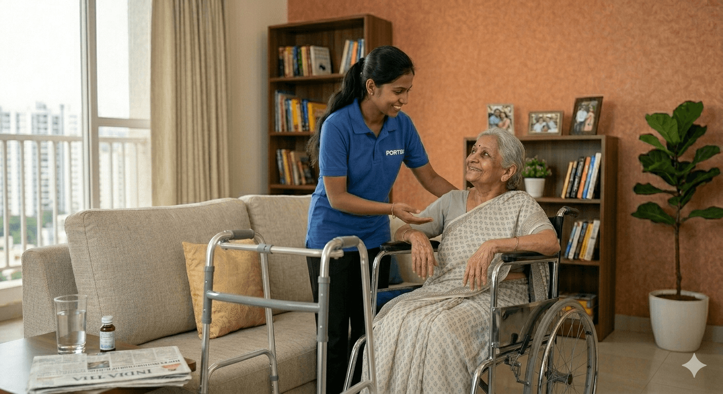 Portea caregiver providing care at home